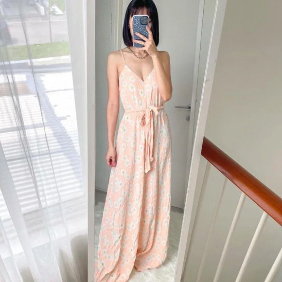 Zara Floral Daisy Wide Leg Tie Belt Flowy Jumpsuit Peach Bloggers Fav Sz Small - Picture 3 of 9